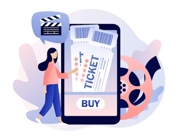 Venta de boletos de cine en línea Niña pequeña compra boletos en la aplicación de teléfono inteligente Cine en línea Película móvil