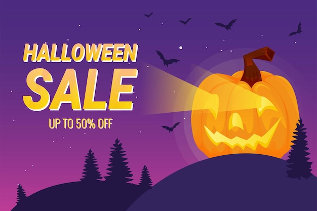 Venta de calabaza de Halloween 50 por ciento de descuento concepto Banner e ilustración de vector de fondo