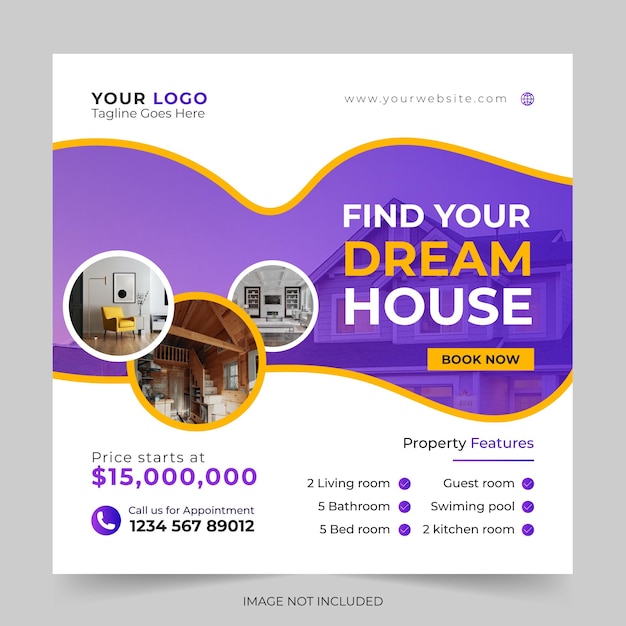Vector venta de casas de bienes raíces editables y publicidad de alquiler de casas cuadrado moderno geométrico publicación en redes sociales