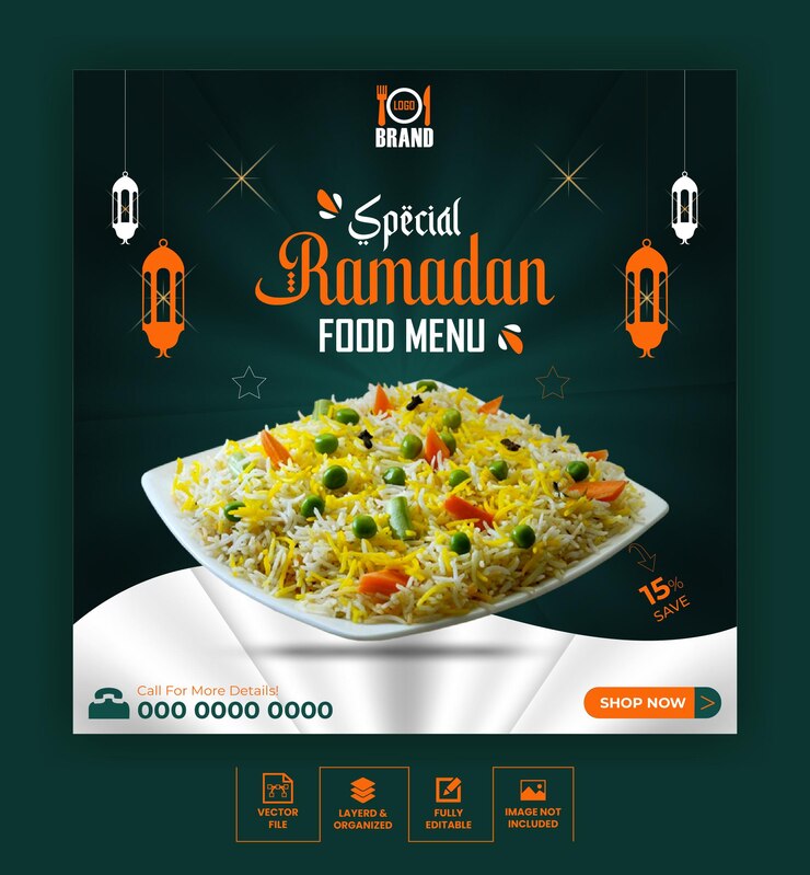 Venta de comida de Ramadan Kareem publicación en redes sociales y diseño de plantilla de banner web con decoración menú de comida