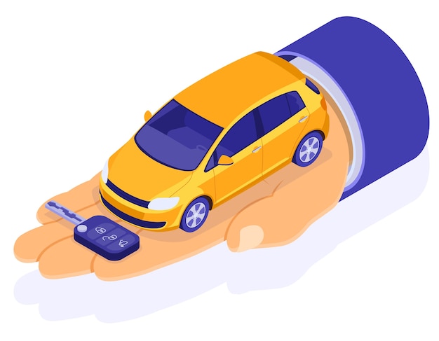 Venta, compra, alquiler de coches concepto isométrico para el aterrizaje, publicidad con el distribuidor de manos sujeta el coche y la llave. Alquiler de autos, carpool, carsharing para viajes por la ciudad.