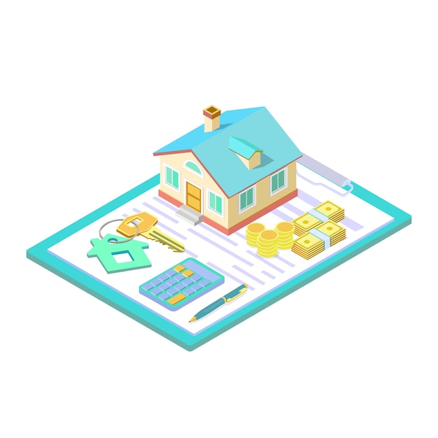 Venta, compra, alquiler, hipoteca concepto isométrico de casa para cartel.