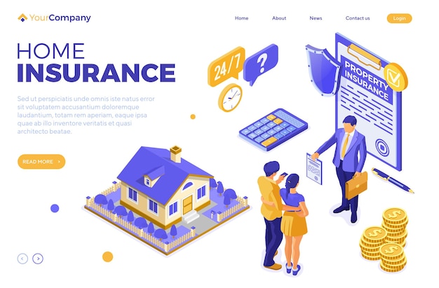 Venta, compra, alquiler, hipoteca, póliza de seguro, concepto isométrico de la casa, banner con casa, agente inmobiliario, asegurador, familia invierte dinero en bienes raíces. plantilla de página de destino. ilustración vectorial aislada