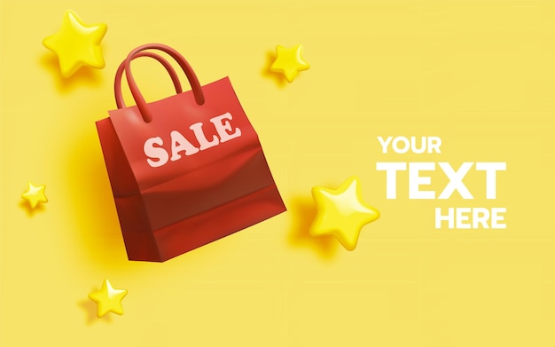 Venta de compras amarillas brillantes con bolsa roja y anuncio promocional de estrellas