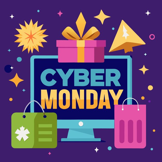 Venta de compras del lunes cibernético con regalos y bolsas de compras en una pantalla de computadora con estrellas a su alrededor