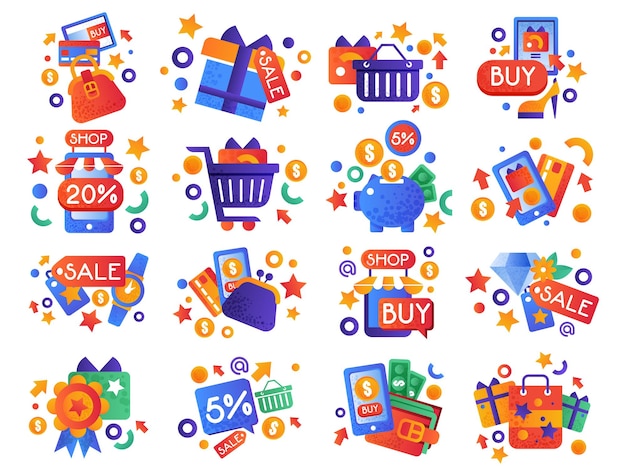 Venta y compras plano y icono colorido con tarjeta de dinero y teléfono inteligente gran conjunto vectorial