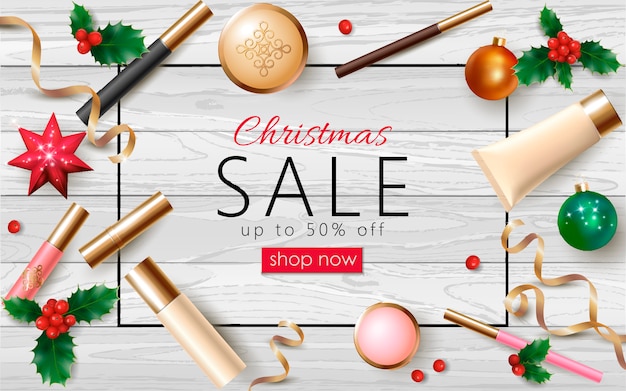 Vector venta cosmética de navidad plantilla de banner web realista 3d. paquete de maquillaje femenino año nuevo