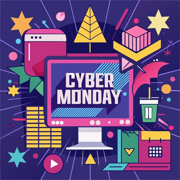 Venta de Cyber Lunes con formas geométricas coloridas y pantalla de computadora
