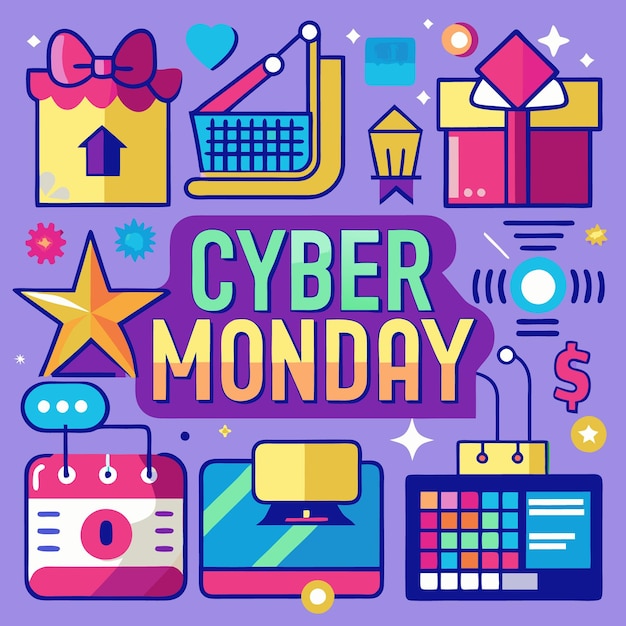 Venta de Cyber Lunes con íconos coloridos de cajas de regalos de carrito de compras tarjetas de crédito y calendario