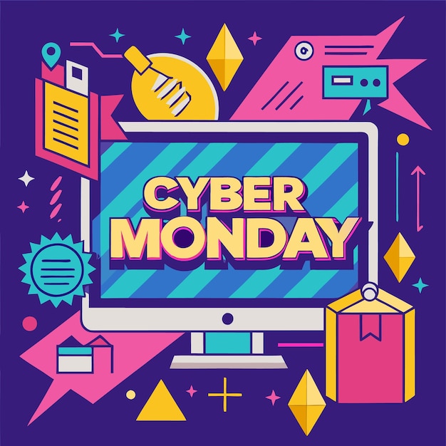 Venta de Cyber Lunes con un monitor de computadora y formas geométricas