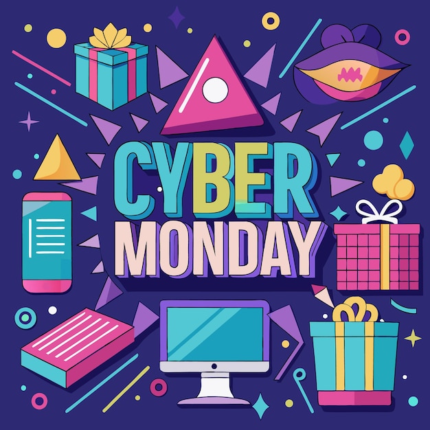 Venta de Cyber Lunes con regalos coloridos computadora y formas geométricas