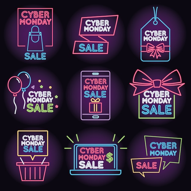 Venta de cyber monday luz de neón con iconos de conjunto