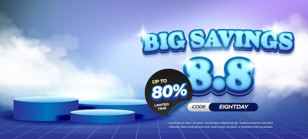 Venta de descuento 88 Día de Compras Gradiente púrpura azul con publicidad de banner de producto de exhibición