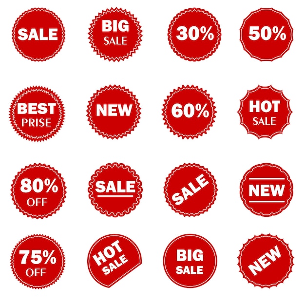 Venta de descuento Conjunto de pegatinas promocionales en blanco rojo Conjunto de etiquetas rojas de círculo de borde Elemento de diseño vectorial