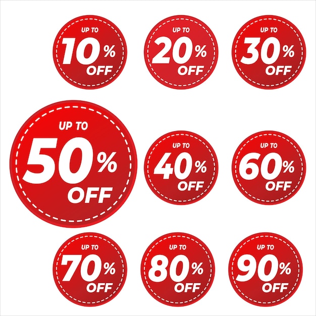 Venta de descuento de la etiqueta 10 20 30 40 50 60 70 80 90 por ciento Promoción pancarta roja con oferta de descuento emblema de liquidación oferta especial etiqueta elemento de diseño Ilustración de vector plano