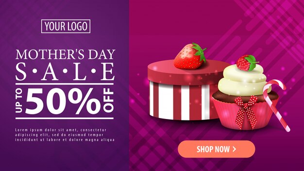 Venta del día de la madre, banner horizontal de descuento púrpura moderno