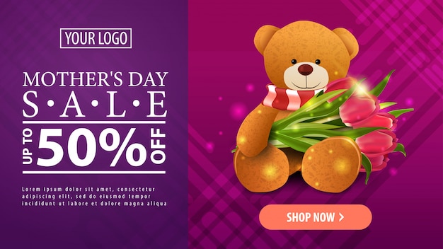 Venta del día de la madre, banner horizontal de descuento púrpura moderno