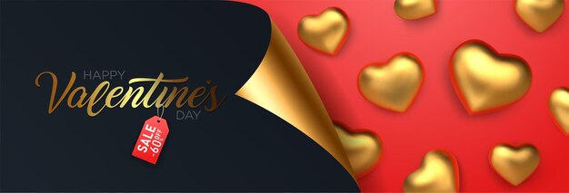 Venta del día de san valentín, banner de descuento con corazones de oro realistas.