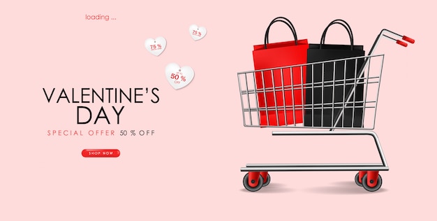 Venta del día de San Valentín, carrito de compras realista con bolsos, venta, gran promoción, plantilla de venta especial, pancarta
