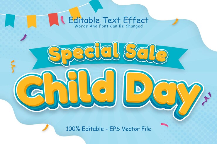 Vector venta especial día del niño efecto de texto editable relieve en 3 dimensiones estilo de dibujos animados