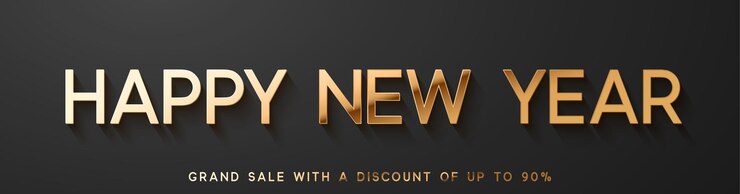 Vector venta de feliz año nuevo. banner horizontal, afiche, borde para el sitio web, logotipo de color dorado sobre fondo negro.