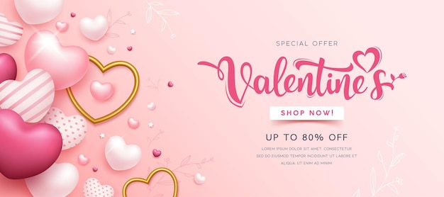 Venta de feliz día de San Valentín, diseño de corazón rosa y dorado, fondo de pancarta rosa