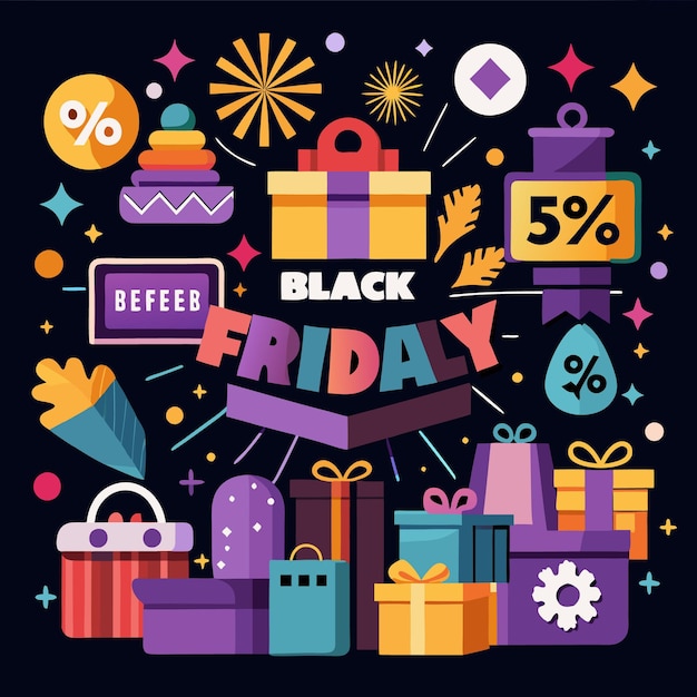 Venta festiva del Viernes Negro con bolsas de compras de regalos y signos de porcentaje