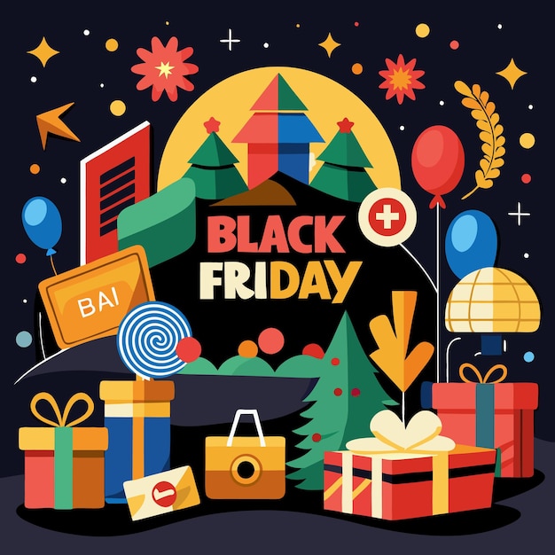 Venta festiva del Viernes Negro con globos de regalos y un ambiente festivo
