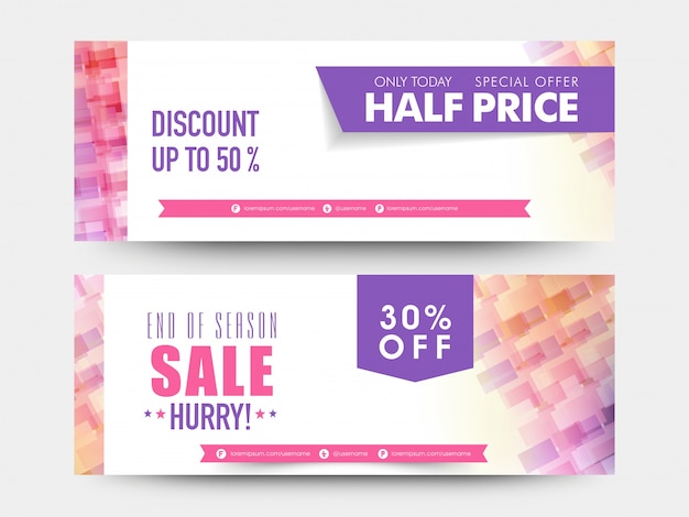 Venta de fin de temporada con oferta de descuento a mitad de precio, encabezado de sitio web creativo o conjunto de banners.