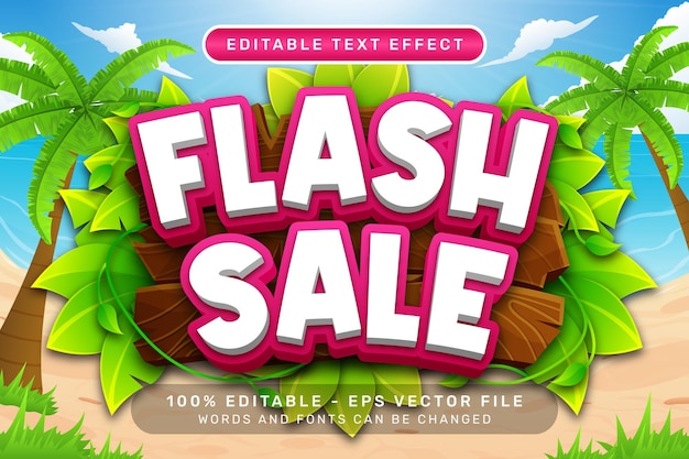 venta flash efecto de texto 3D y efecto de texto editable con un fondo de playa