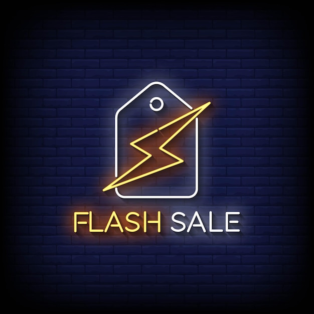 Venta flash de letrero de neón con vector de fondo de pared de ladrillo