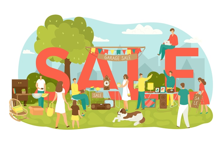 Vector venta de garaje en patio con ilustración de venta de letras. la gente compra y vende artículos para el hogar, ropa, artículos deportivos y juguetes. venta de garaje de objetos y muebles antiguos antiguos en el mercado de pulgas.