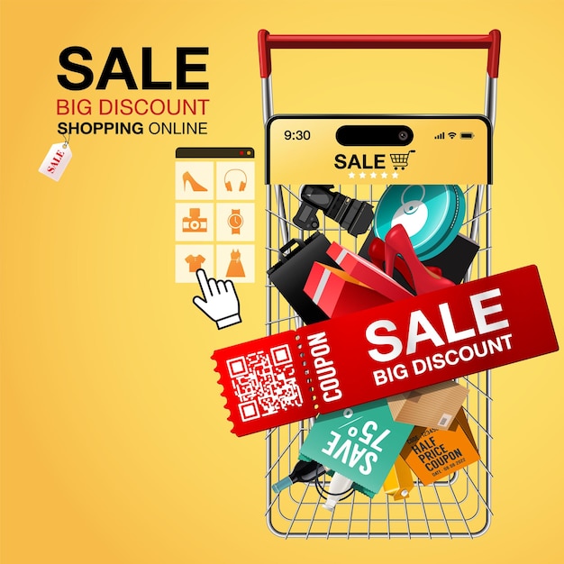Venta de grandes descuentos en compras en línea en el sitio web o en la aplicación móvil Concept Marketing and Digital
