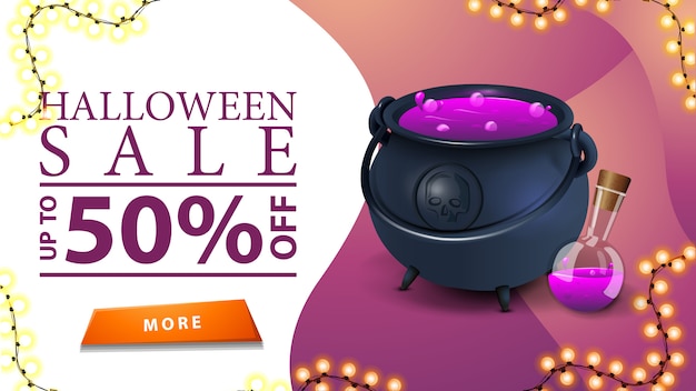 Venta de halloween, hasta un 50% de descuento, pancarta rosa de descuento con botón y caldero de bruja con poción