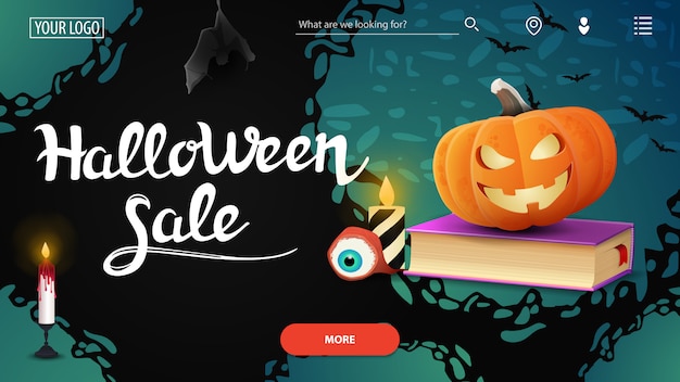 Venta de halloween, banner de descuento de sitio web de plantilla