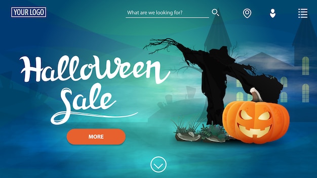 Venta de Halloween, una plantilla para un sitio web, Espantapájaros y calabaza Jack