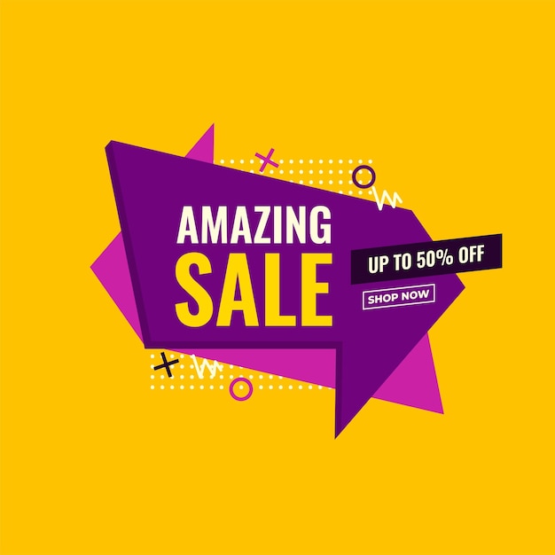 venta increíble promoción de banner de venta abstracta amarilla y morada compre ahora