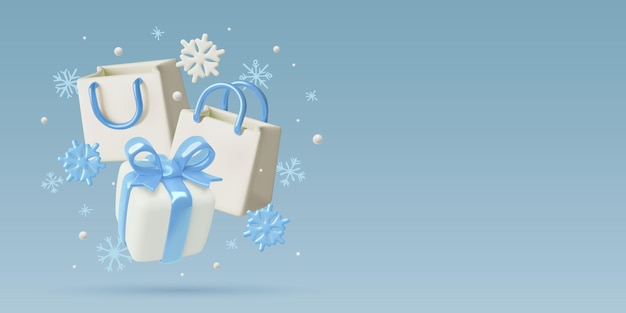 Venta de invierno d fondo y pancarta de descuento con bolsas de compras de caja de regalos y copos de nieve