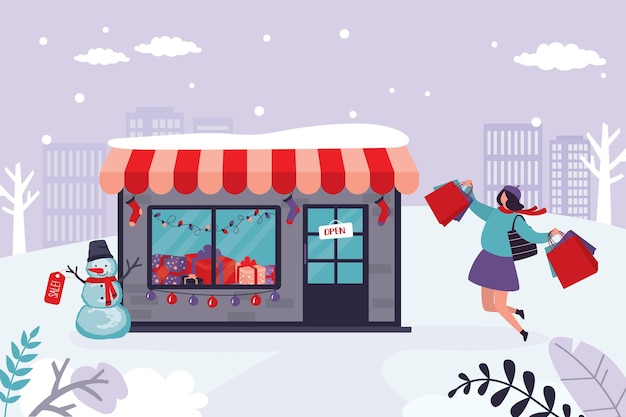 Venta de invierno Mujer compradora feliz Chica caucásica tiene paquetes Gran concepto de descuento de Navidad