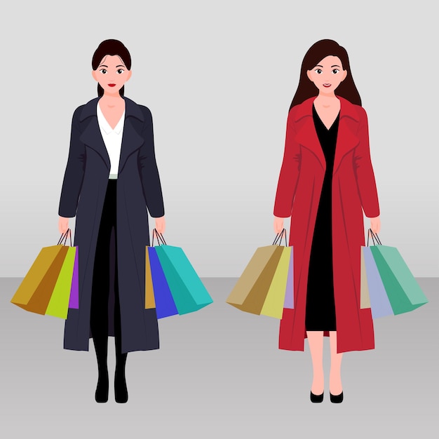 Venta de invierno con niñas sosteniendo bolsas de compras ilustración de vector de personaje de traje de invierno