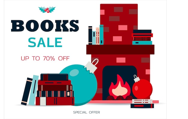 Venta de libros grandes Ilustración vectorial de una pila de libros y una chimenea con libros Diseño plano
