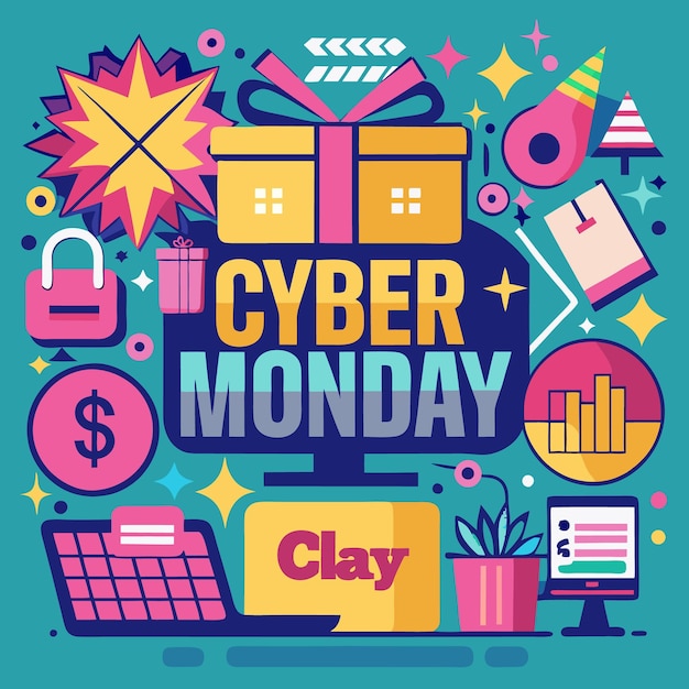 Venta del lunes cibernético con cajas de regalos para portátiles e ilustración del signo del dólar