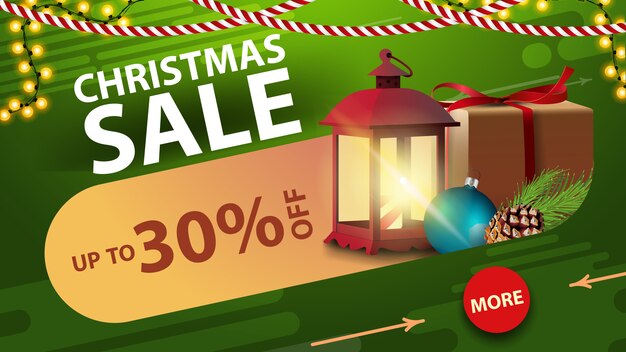 Venta de Navidad, hasta un 30% de descuento, pancarta de descuento verde con guirnalda, botón, regalo, linterna vintage y rama de árbol de Navidad