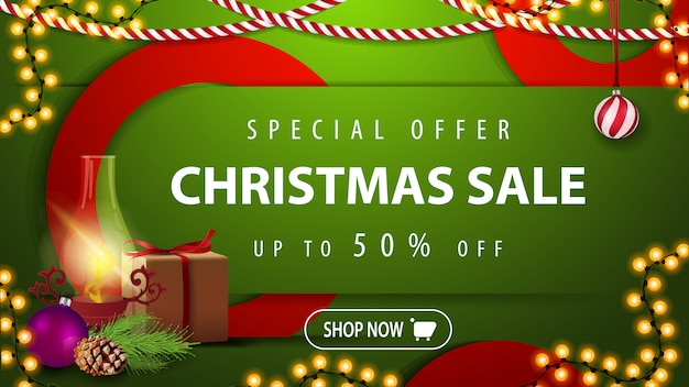 Venta de Navidad, hasta 50% de descuento, banner web moderno horizontal brillante verde con botón