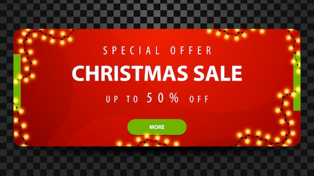 Venta de Navidad, hasta 50% de descuento, banner web moderno horizontal rojo brillante con botón y guirnalda