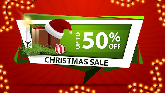 Vector venta de navidad, hasta 50% de descuento, pancarta de descuento verde en forma de placa geométrica