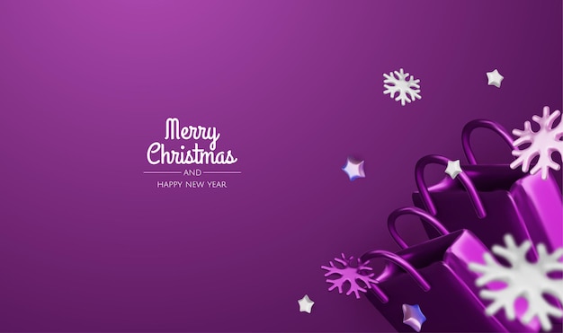 Venta de Navidad y Año Nuevo Brillante diseño realista de objetos de vacaciones en 3D Bolsa de compras caja de regalos Venta promocional banner publicitario cartel web ilustración vectorial