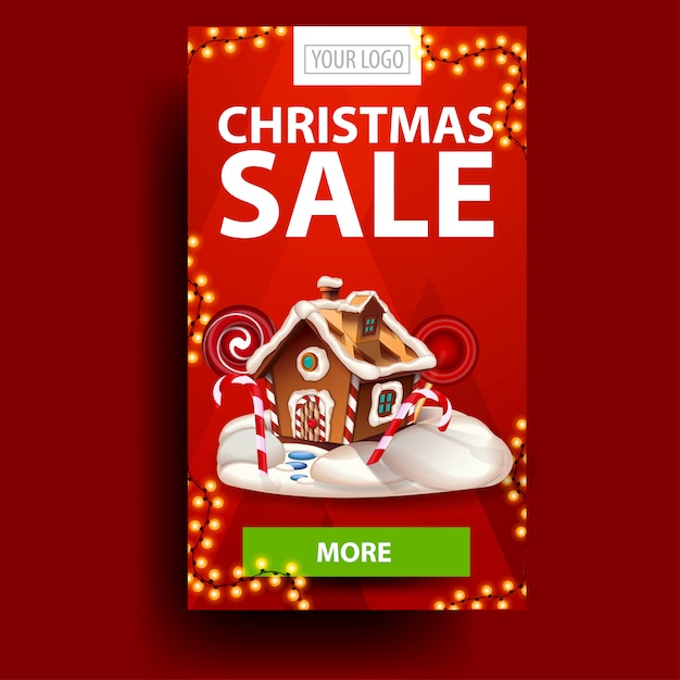 Venta de Navidad, banner de descuento rojo vertical con guirnalda, botón y casa de pan de jengibre de Navidad
