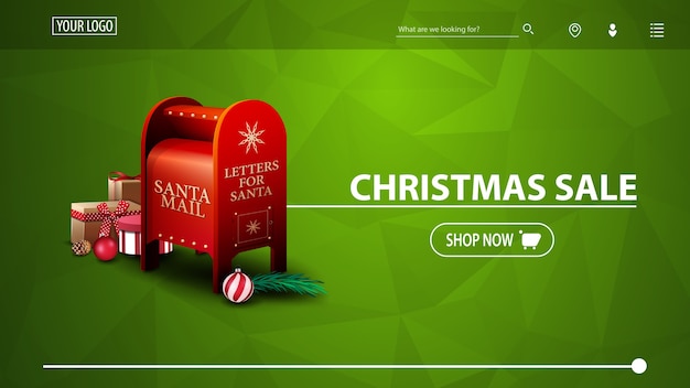 Venta de Navidad, banner de descuento verde para sitio web con textura poligonal y buzón de Santa con regalos