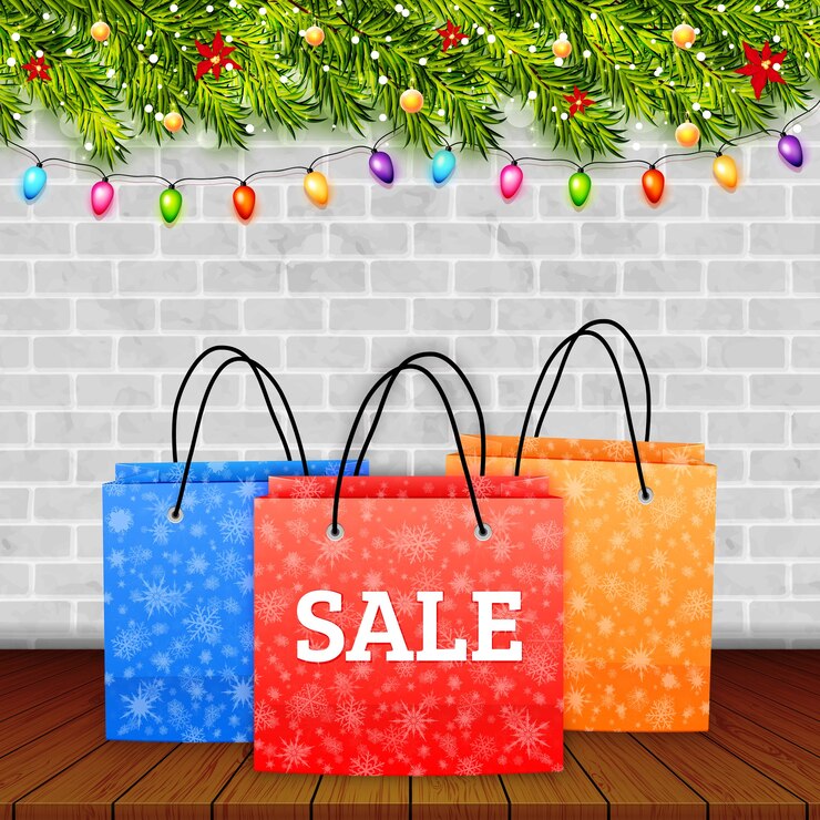 Vector venta de navidad. bolsa de papel de compras en la mesa de madera con fondo de invierno
